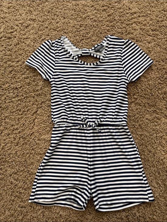 Picapino Other - Girls' Navy & White Striped Short-Sleeve Romper